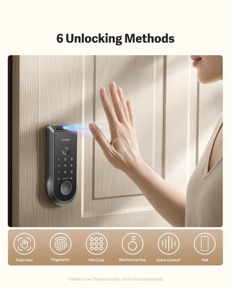 اربط قفل ذكي Lockin Veno مع أقفال ذكية للدخول بدون مفتاح من وريد النخيل للباب الأمامي مع قفل بصمة جرس الباب المدمج في تطبيق WiFi للتحكم عن بعد، عمر البطارية 7 أشهر، IP65 مقاوم للماء - Image 2